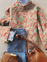 Vintage Lovely Floral Art Print Knit Turtleneck Pullover Sweater